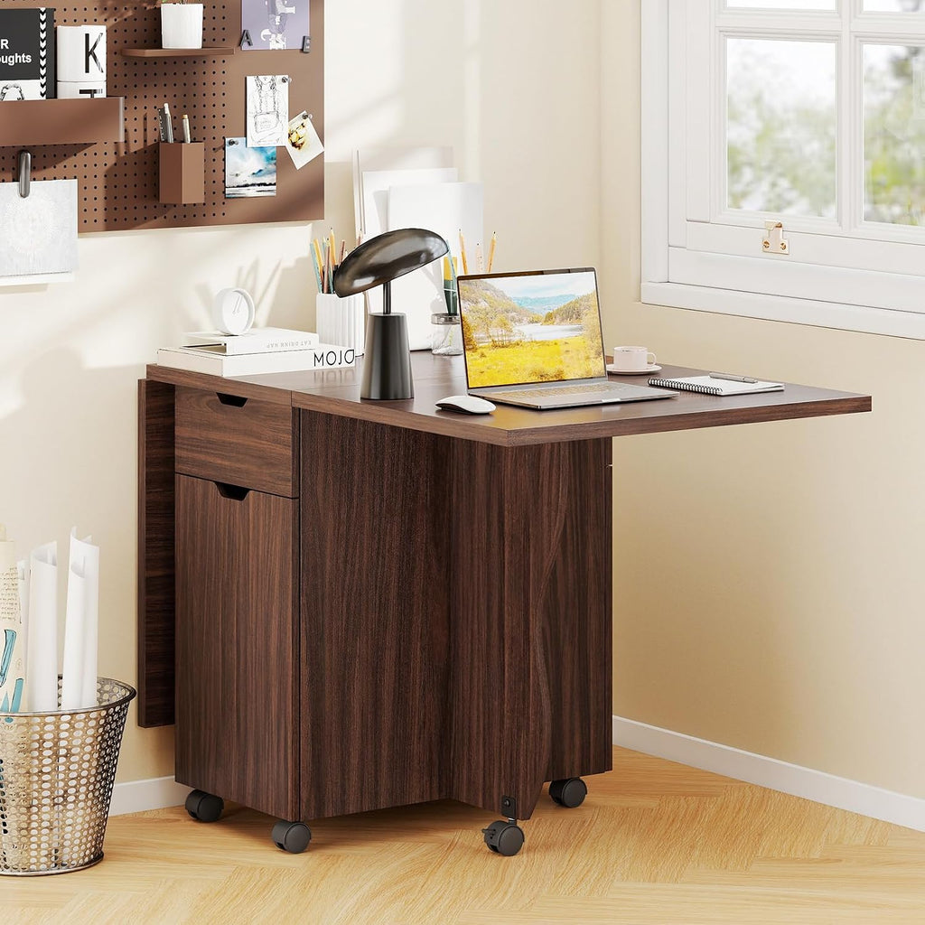 Giantex 3-in-1 Folding Dining Table for 4-6, 69-Inches Drop Leaf Kitchen Table with 2 Drawers and 2 Cabinets, Lockable Wheels, Foldable Dinner Tables for Small Spaces, Dinette (Walnut)