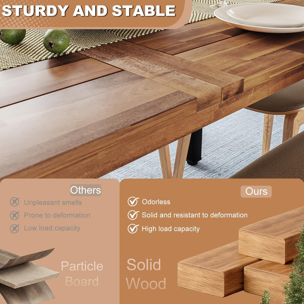 OFIKA Dining Table for 6-8 People, 70' Acacia Wood Rustic Rectangular Dinner Table with Metal Frame, Sandblast Finish, Natural Stained, Indoor Outdoor Kitchen Dining Room Table Large 70x33.2x30 inch