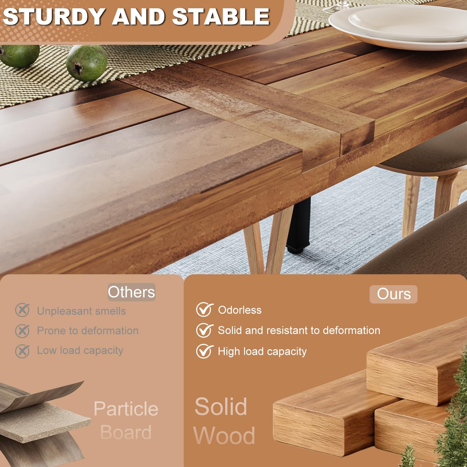 OFIKA Dining Table for 6-8 People, 70' Acacia Wood Rustic Rectangular Dinner Table with Metal Frame, Sandblast Finish, Natural Stained, Indoor Outdoor Kitchen Dining Room Table Large 70x33.2x30 inch