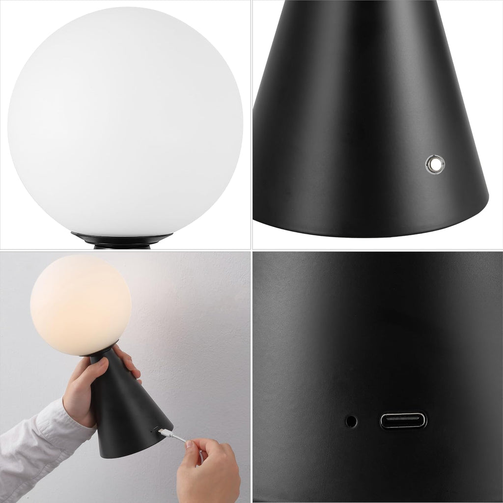 JONATHAN Y 11.75' Black Macie Modern Globe Cordless Table Lamp Set of 2, Rechargeable Dimmable Integrated LED Touch Sensor Bedside Lamp, White Frosted Glass Shade (JYL7159B-SET2)