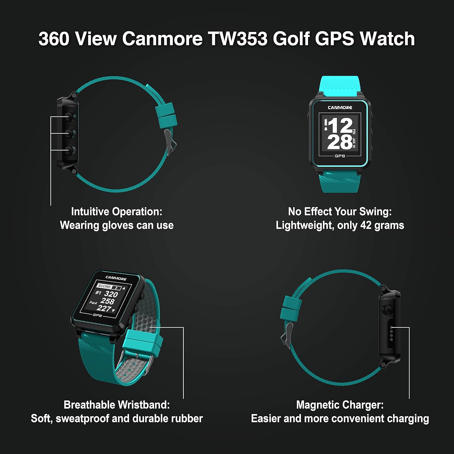 CANMORE TW353 Golf GPS Watch for Men and Women, High Contrast LCD Display, Free Update Over 41,000 Preloaded Courses Worldwide, Lightweight Essential Golf Accessory for Golfers, Black/Gray/Turquoise