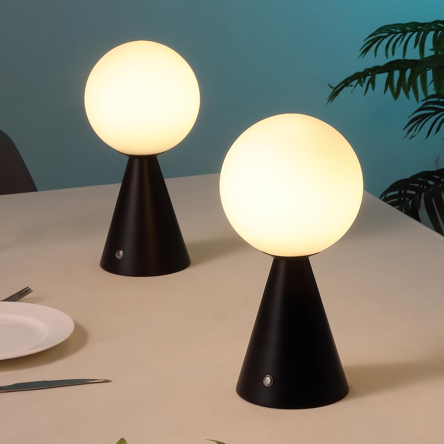 JONATHAN Y 11.75' Black Macie Modern Globe Cordless Table Lamp Set of 2, Rechargeable Dimmable Integrated LED Touch Sensor Bedside Lamp, White Frosted Glass Shade (JYL7159B-SET2)