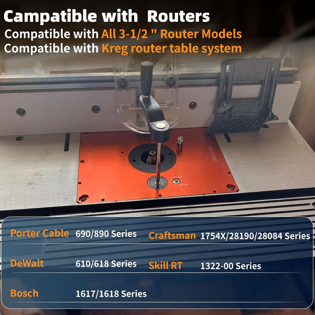 3-1/2' Router Lift System, Precision Router Table Lift for 3-1/2' Diameter Motor, 9-1/4'' x 11-3/4'' Plate 5-Piece Insert Ring Kit Compatible with Bosch, Kreg, Skil, Porter, DeWalt, Craftsman, Ridgid
