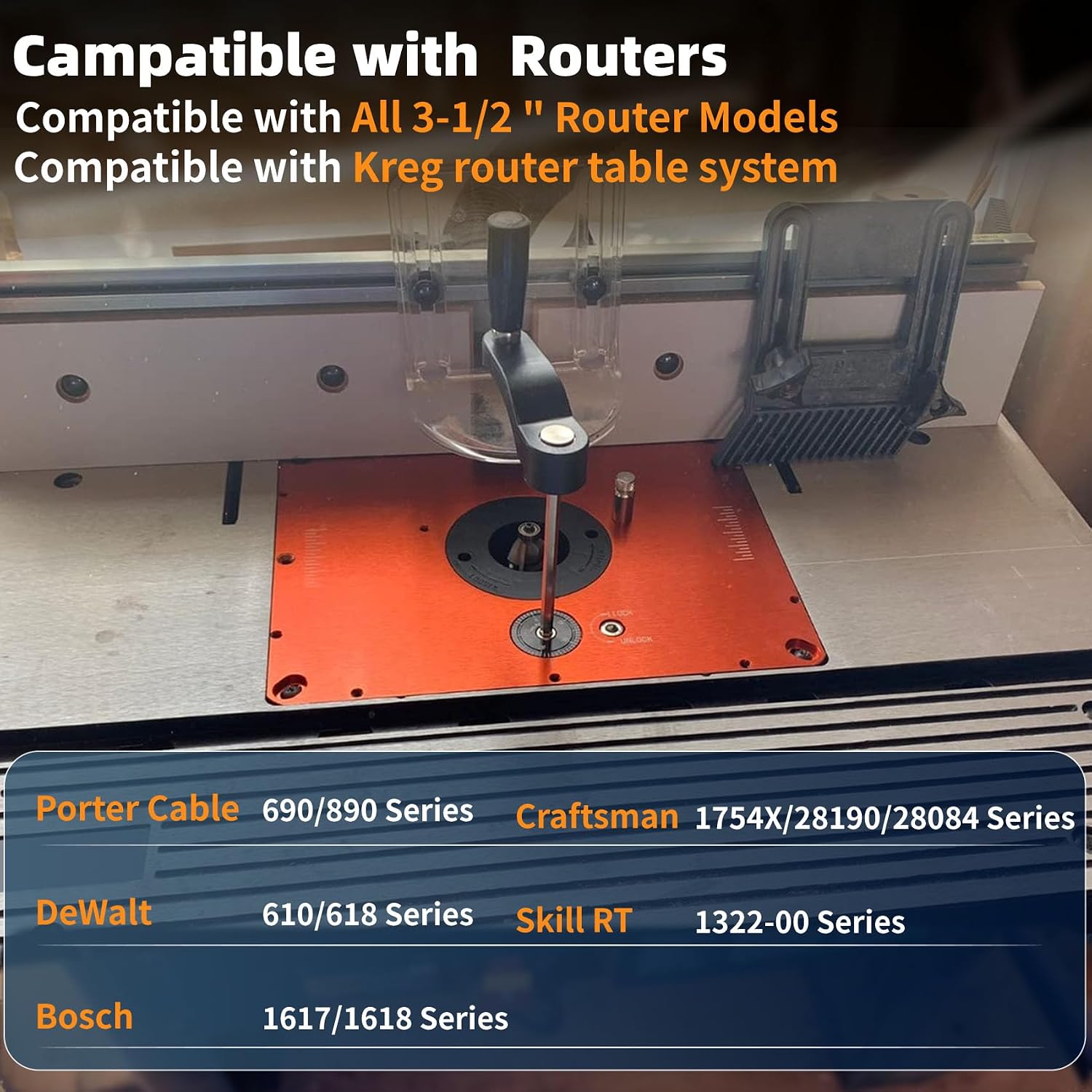 3-1/2' Router Lift System, Precision Router Table Lift for 3-1/2' Diameter Motor, 9-1/4'' x 11-3/4'' Plate 5-Piece Insert Ring Kit Compatible with Bosch, Kreg, Skil, Porter, DeWalt, Craftsman, Ridgid