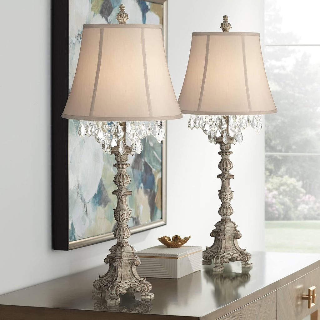 Barnes and Ivy Duval 34' Tall Candlestick Large French Traditional End Table Lamps Set of 2 Brown White Crystal Living Room Bedroom Bedside Nightstand House Office Home Reading Beige Shade