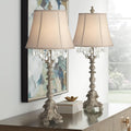 Barnes and Ivy Duval 34' Tall Candlestick Large French Traditional End Table Lamps Set of 2 Brown White Crystal Living Room Bedroom Bedside Nightstand House Office Home Reading Beige Shade