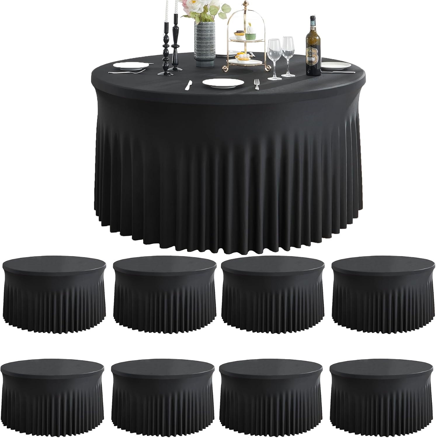 8 Pack Spandex Black Round Tablecloths for 72inch Table, Wrinkle Free 132inch Stretchy Fitted 6ft Round Table Cloth Covers with Skirt for Wedding Birthday Graduation Parties Banquet Events