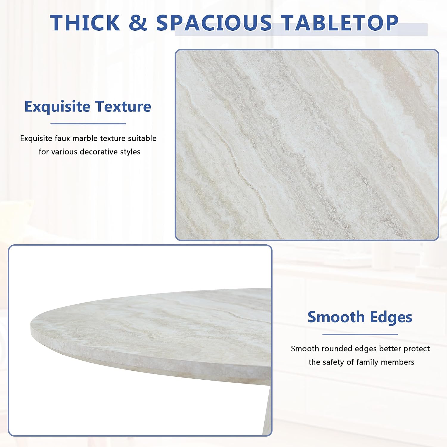Faux Marble Round Dining Table for 4-6, 45' Modern Farmhouse Round Kitchen Table with 1' Thickened Wood Top & Stable Pedestal for Dining Room,Living Room,Apartment,Restaurant(Beige)
