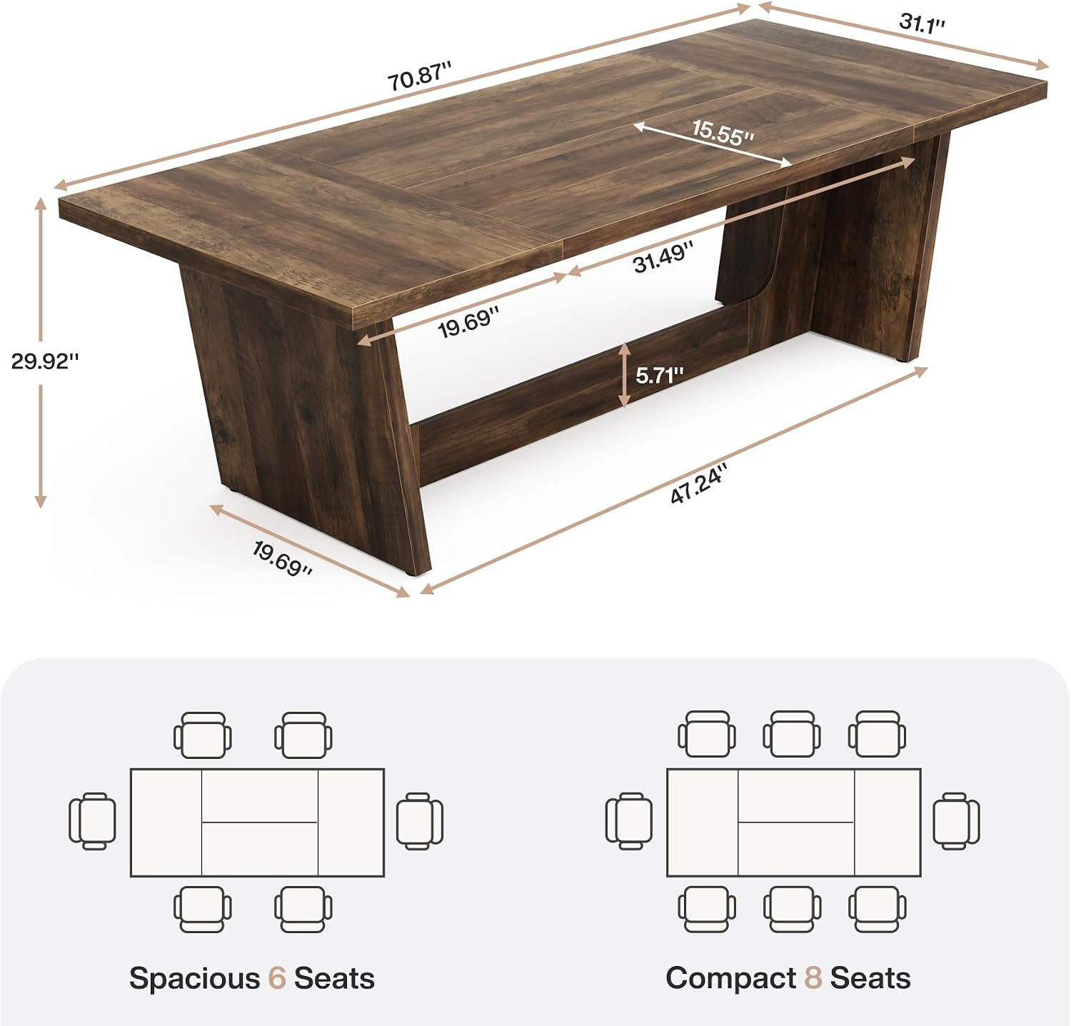 Tribesigns 70.87-Inch Large Dining Table: Wood Long Dining Room Table for 6-8, Rectangular Farmhouse Kitchen Dinner Table with Solid Pedestal, Rustic Brown