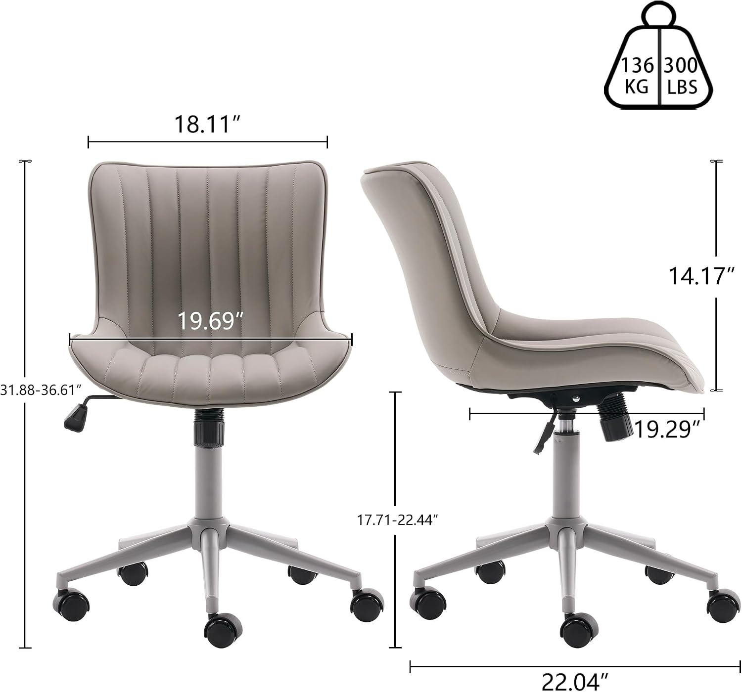 YOUNIKE Home Office Desk Chair with Wheels Armless Vanity Chair with Back Comfy Modern Leather Upholstered Rolling Task Chair Swivel Small Cute Sewing Chair No Arms Wide Adjustable Ergonomic Grey