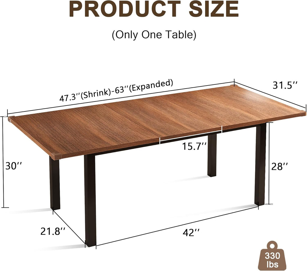 Einhomn Extendable Dining Table for 4-6, 63' Modern Kitchen Table, Farmhouse Dining Room Tables for Dining, Kitchen, Office, Living Room, Rectangular Wooden Tables, Space Saving (Walnut)