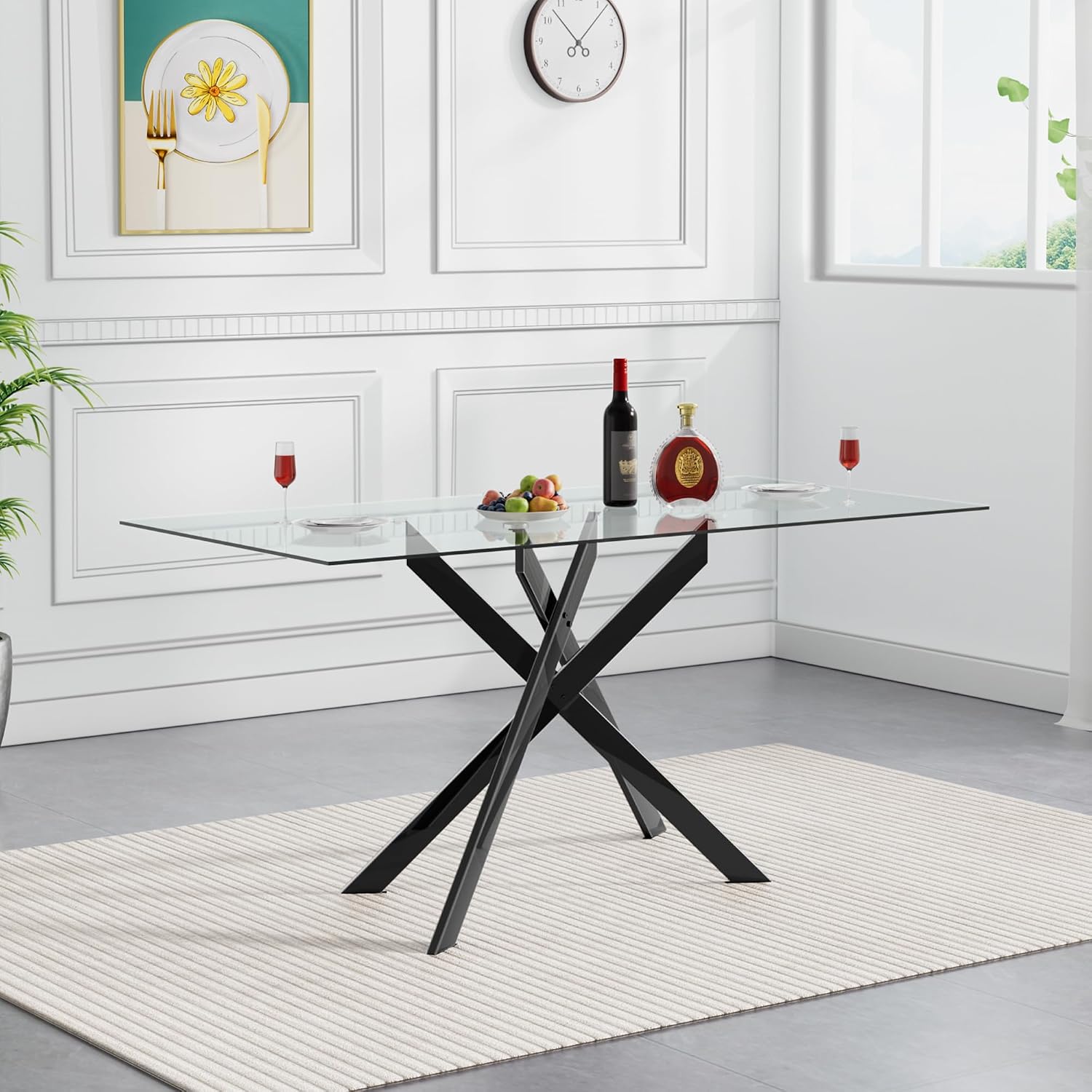 51.2' Glass Dining Table, Modern Kitchen Table for 4-6 People, Contemporary Rectangular Dining Room Dinner Tables with Clear Glass Top & Black Metal X Legs for Kitchen Apartment
