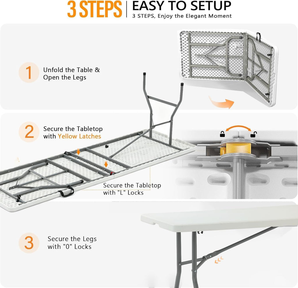 8FT Heavy Duty Folding Table,Fold-in-Half Portable Plastic Utility Table with Carry Handle&Locking Legs,Indoor Outdoor Table for Watch Party,Tailgate,BBQ,Camping,Events,Backyard Dining–White