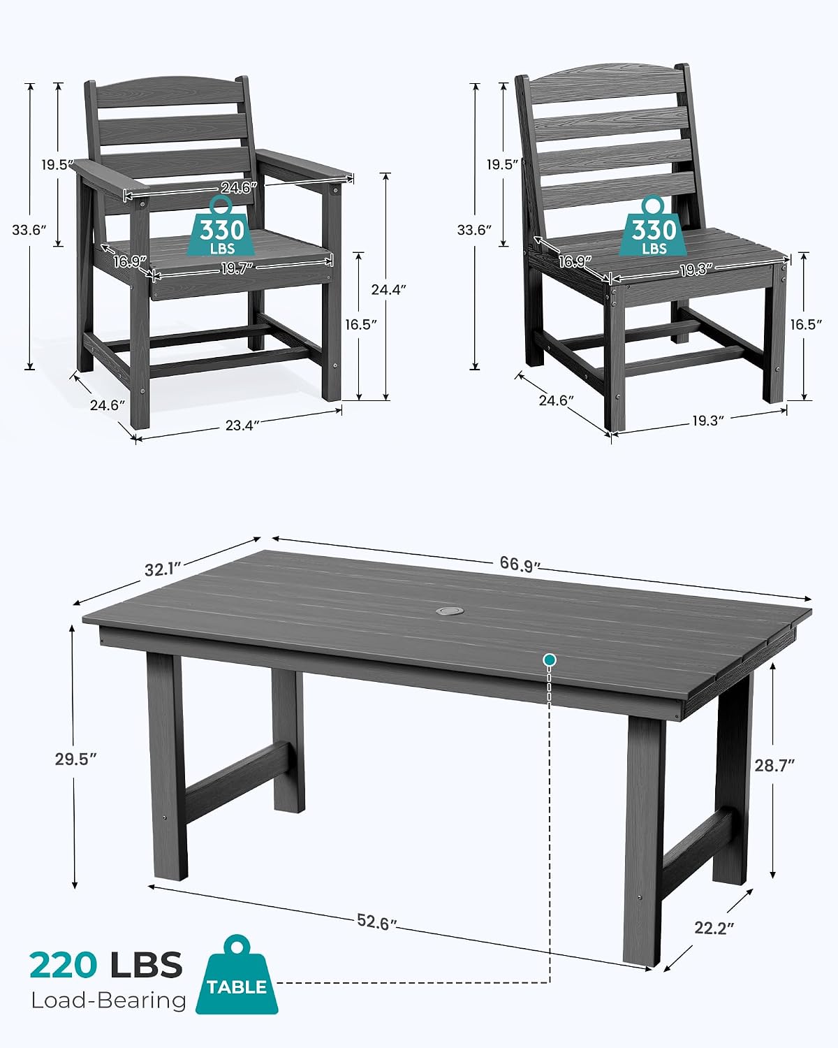 SERWALL Patio Dining Sets for 10 Person, HDPE Dining Set with 2 Tables, 8 Armless Chairs and 2 Armed Dining Chairs, Gray