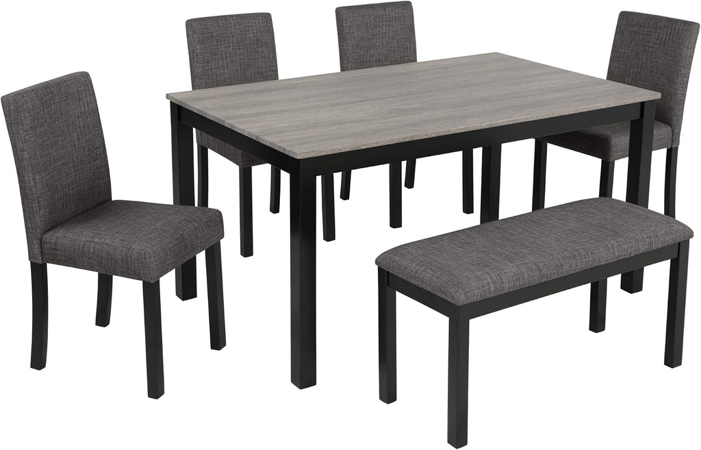 LUMISOL 6 Piece Dining Table Set with Bench and Chairs, Wood Kitchen Table Set for Kitchen, Dining Room, Living Room, Light Grey+Black