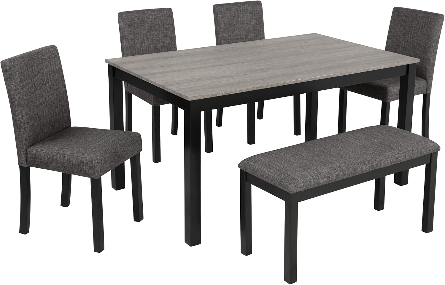 LUMISOL 6 Piece Dining Table Set with Bench and Chairs, Wood Kitchen Table Set for Kitchen, Dining Room, Living Room, Light Grey+Black