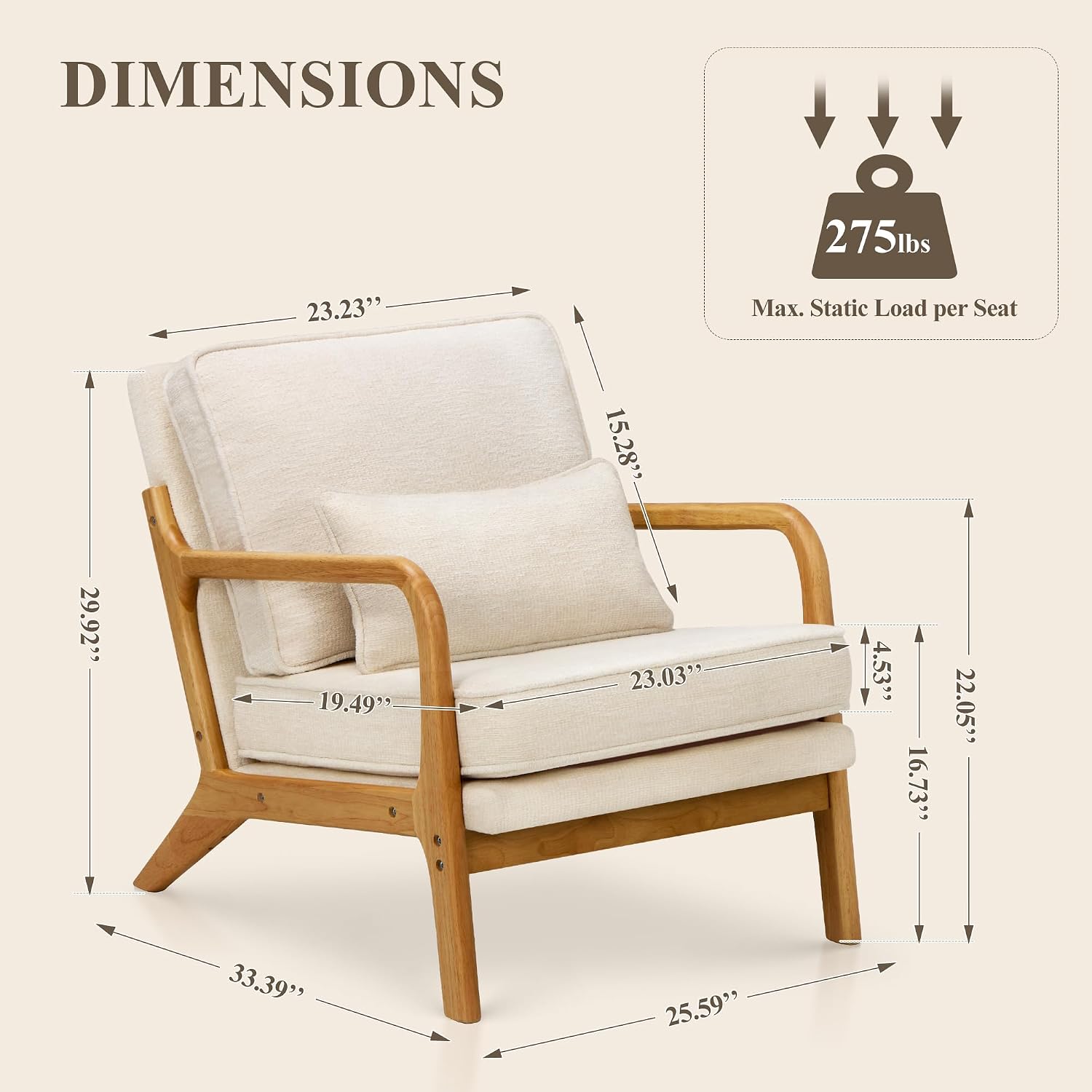 MALOL Mid-Century Accent Chair Set of 2 with Solid Wood Frame, Reading Relaxing Armchair Lumbar Pillow& Soft Cushion, Leisure Chair for Living Room, Bedroom, Waiting Room-Beige