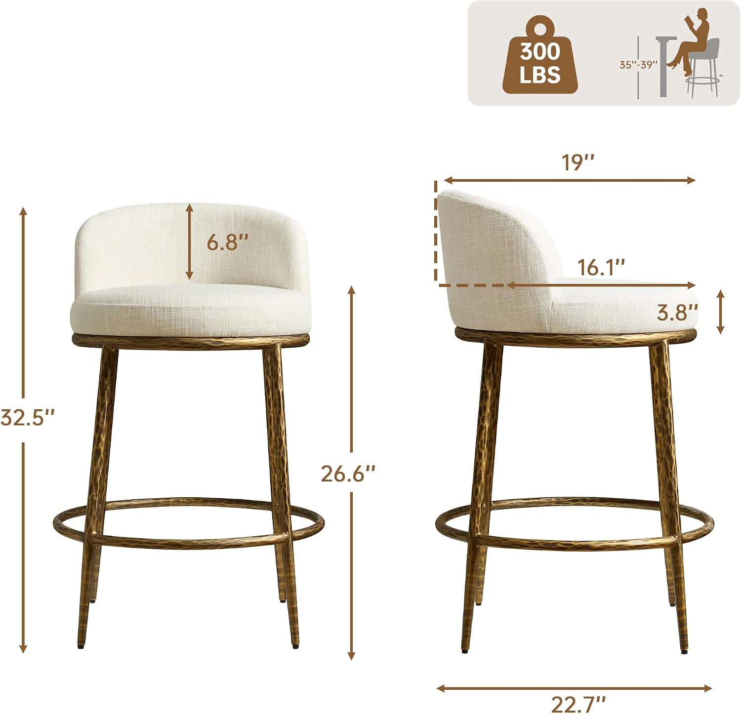 Morden Fort Modern Counter Height Bar Stools Set of 2, 26' Hand-Hammered Gold Bar Stools with Backs, Linen Upholstered Designer Island Chairs for Kitchen Counter, Antique Gold