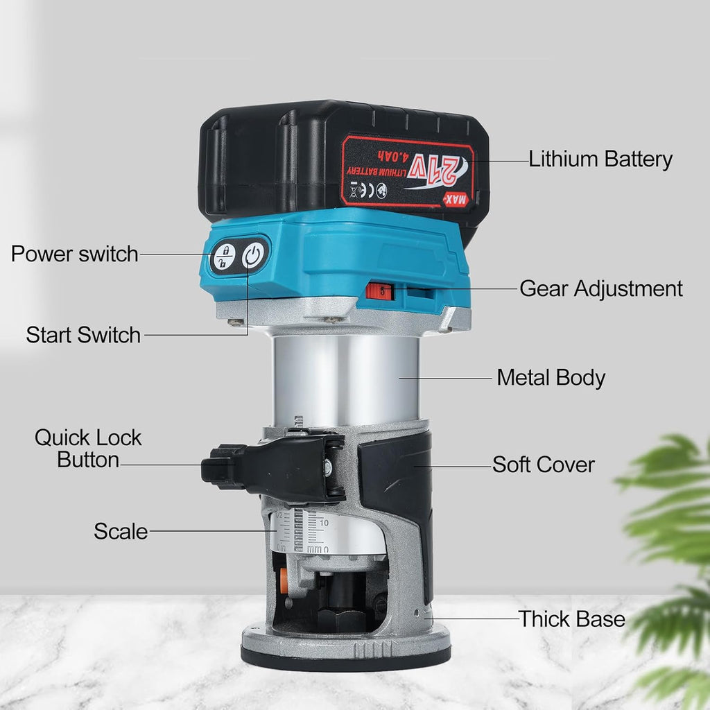 Trim Router with Brushless Motor 6 Variable Speeds 30000 RPM Compact Router for Woodworking with Metal Base Precise Scale Milling Cutter and 4.0Ah Batteries (US Plug & 1 Battery)