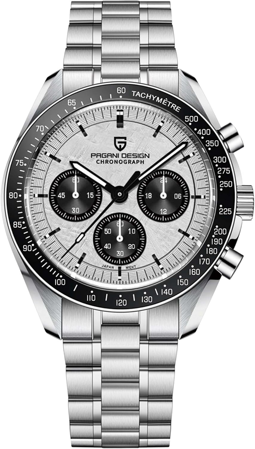 Pagani Design 1701 Men's Watch, Chronograph, VK63 Japanese Quartz Movement, Stainless Steel Bracelet, Water Resistant to 330 Feet (100 Meters), Sapphire Glass Wristwatch.
