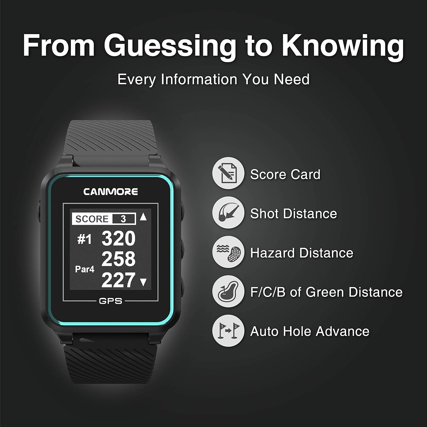 CANMORE TW353 Golf GPS Watch for Men and Women, High Contrast LCD Display, Free Update Over 41,000 Preloaded Courses Worldwide, Lightweight Essential Golf Accessory for Golfers, Black/Gray/Turquoise