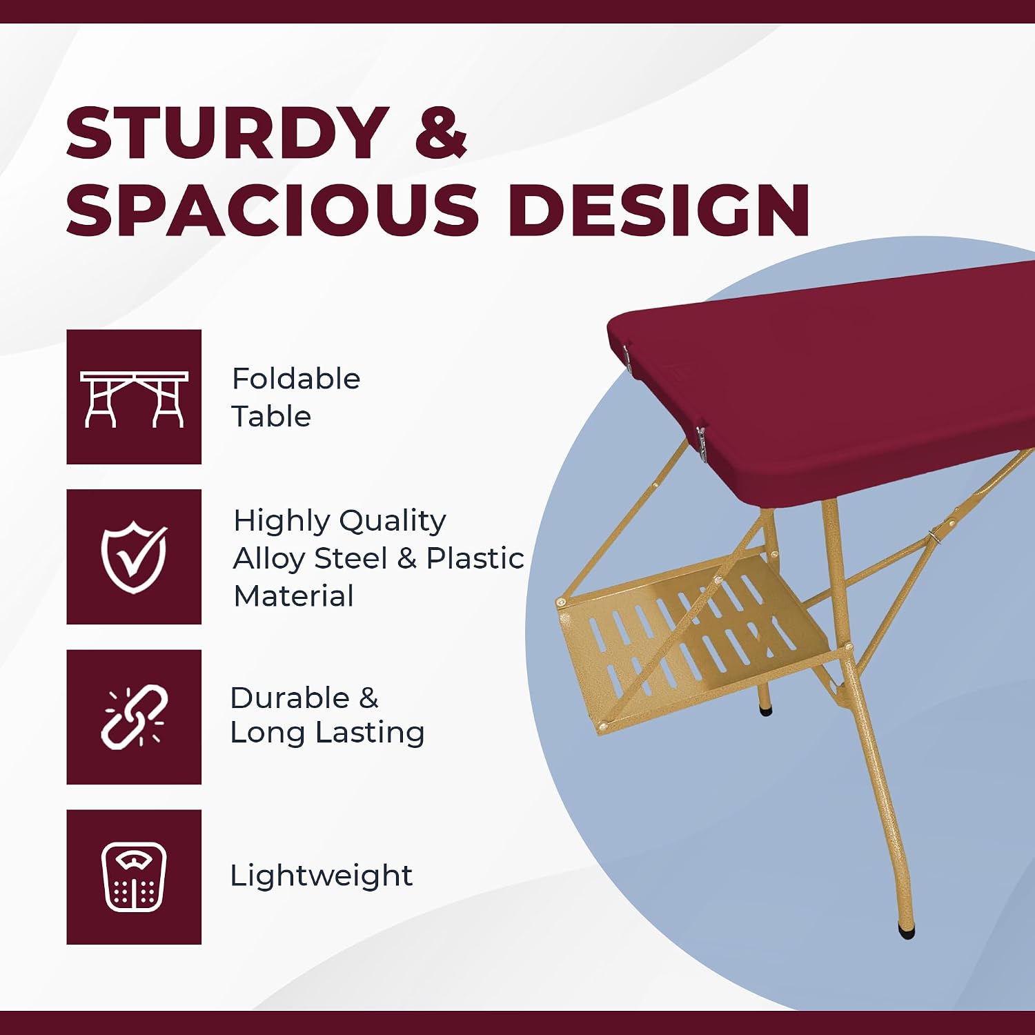 6Ft Rolling Folding Table with Built-in Wheels, Durable Plastic, Team Colors, Easy to Carry, Perfect for Camping, Picnic, Tailgating, Party, Indoor/Outdoor Use (Single Table, Dark Red & Dark Yellow)