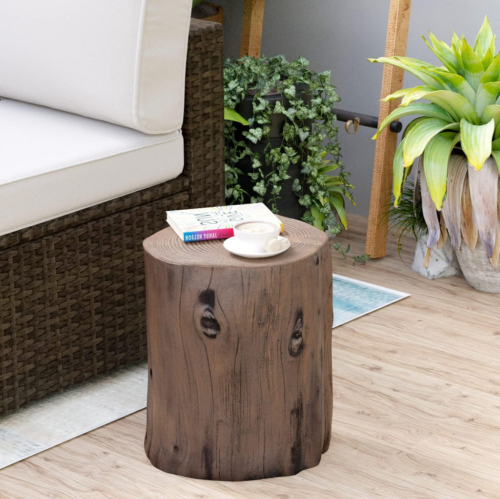 HOMPUS Concrete Outdoor Side Table Set of 2, 2 Piece Tree Stump Modern Round Coffee Table Accent Set Plant Stand Faux Wood End Table Garden Stool for Patio,Home Decor, Living Room, Dark Walnut
