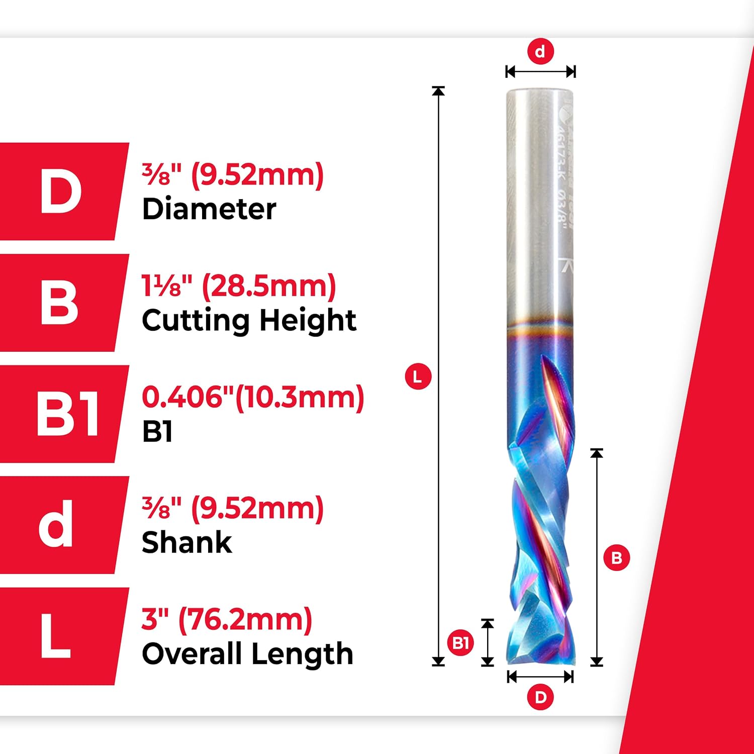 Amana Tool Spektra Extreme Tool Life Solid Carbide CNC Compression Spiral Router Bit, 46173-K, 3/8 D x 1-1/8 CH x 3/8 Shank x 3 Inch Long 2 Flute