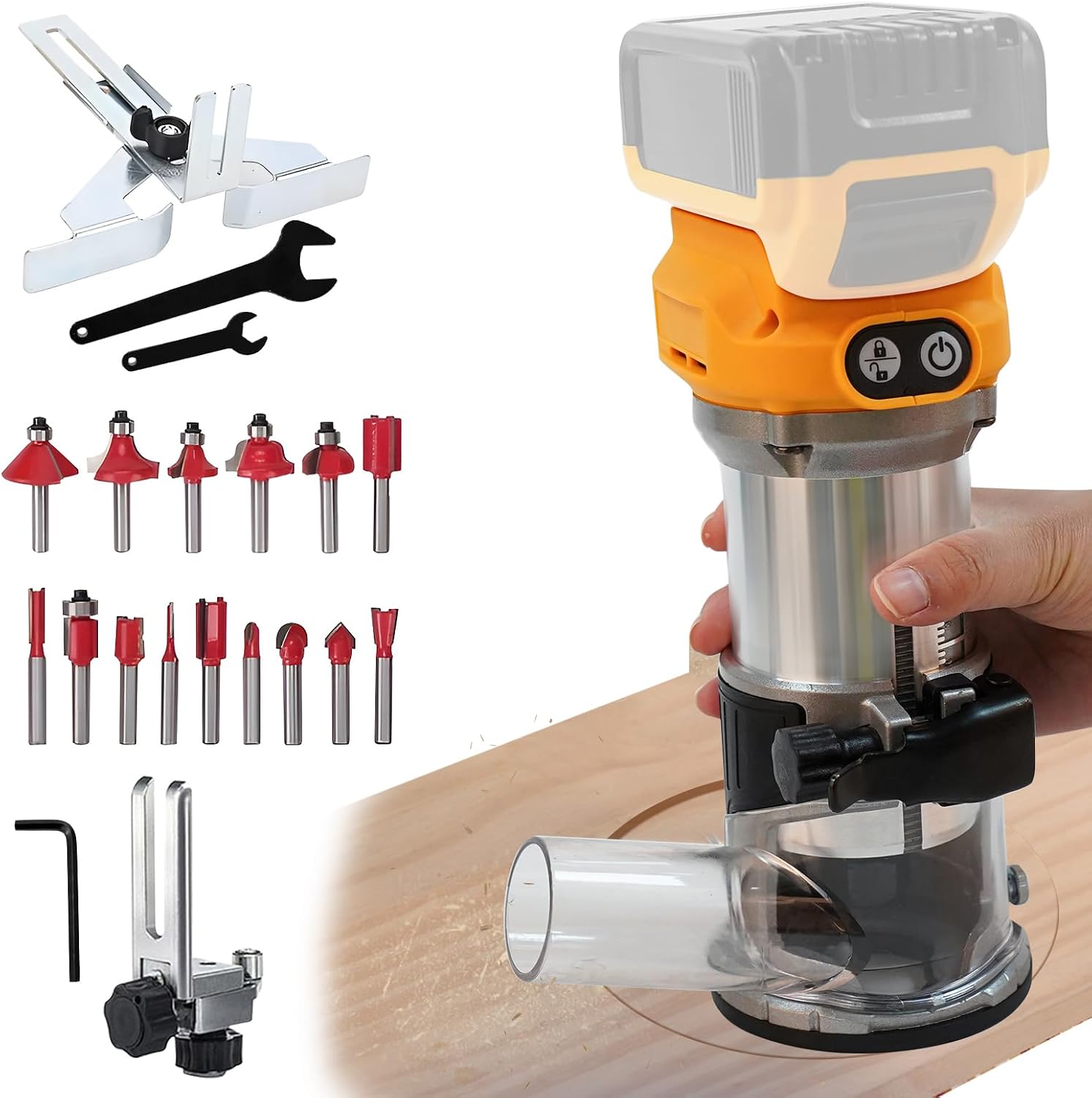 Cordless Power Router for DeWalt 20V Battery (Bare Tool), Brushless Trim Router with 15PCS 1/4' Bits, 6 Variable Speeds Router Tool for Woodworking, 800W 10000-30000min/r