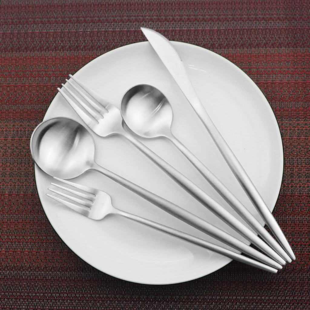 Silverware Flatware Cutlery Set, 4/16/24/32/40/48 Pieces Thick Stainless Steel Hammer Point Round Handle Cutlery Set Steak Knife, Fork and Spoon,Silver-1Set-4Pcs(Pink Gold-10Set50Pcs)