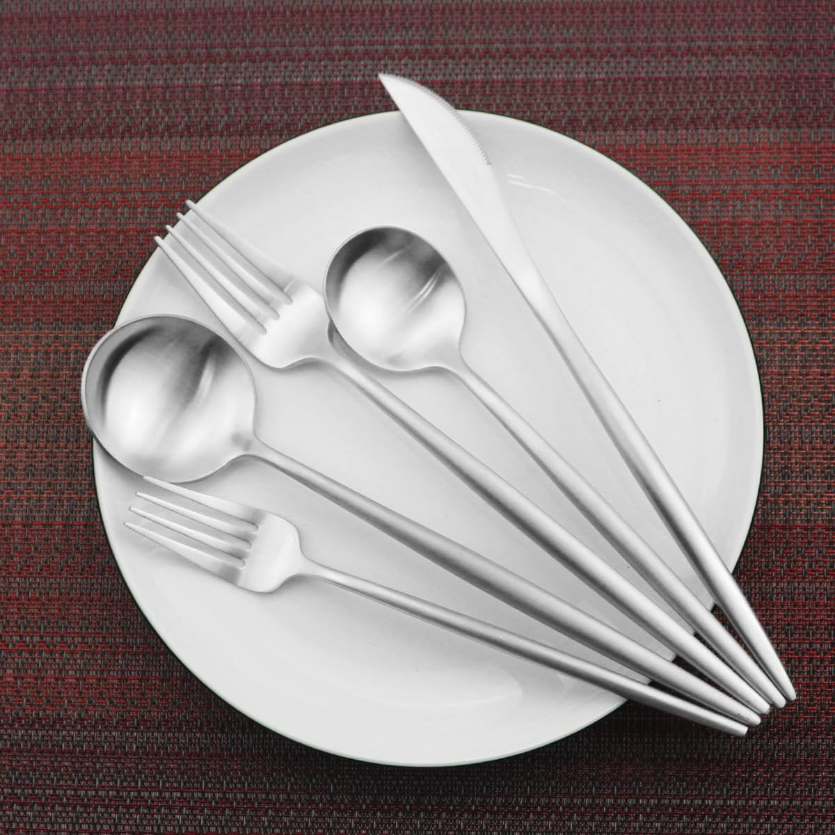 Silverware Flatware Cutlery Set, 4/16/24/32/40/48 Pieces Thick Stainless Steel Hammer Point Round Handle Cutlery Set Steak Knife, Fork and Spoon,Silver-1Set-4Pcs(Pink Gold-10Set50Pcs)
