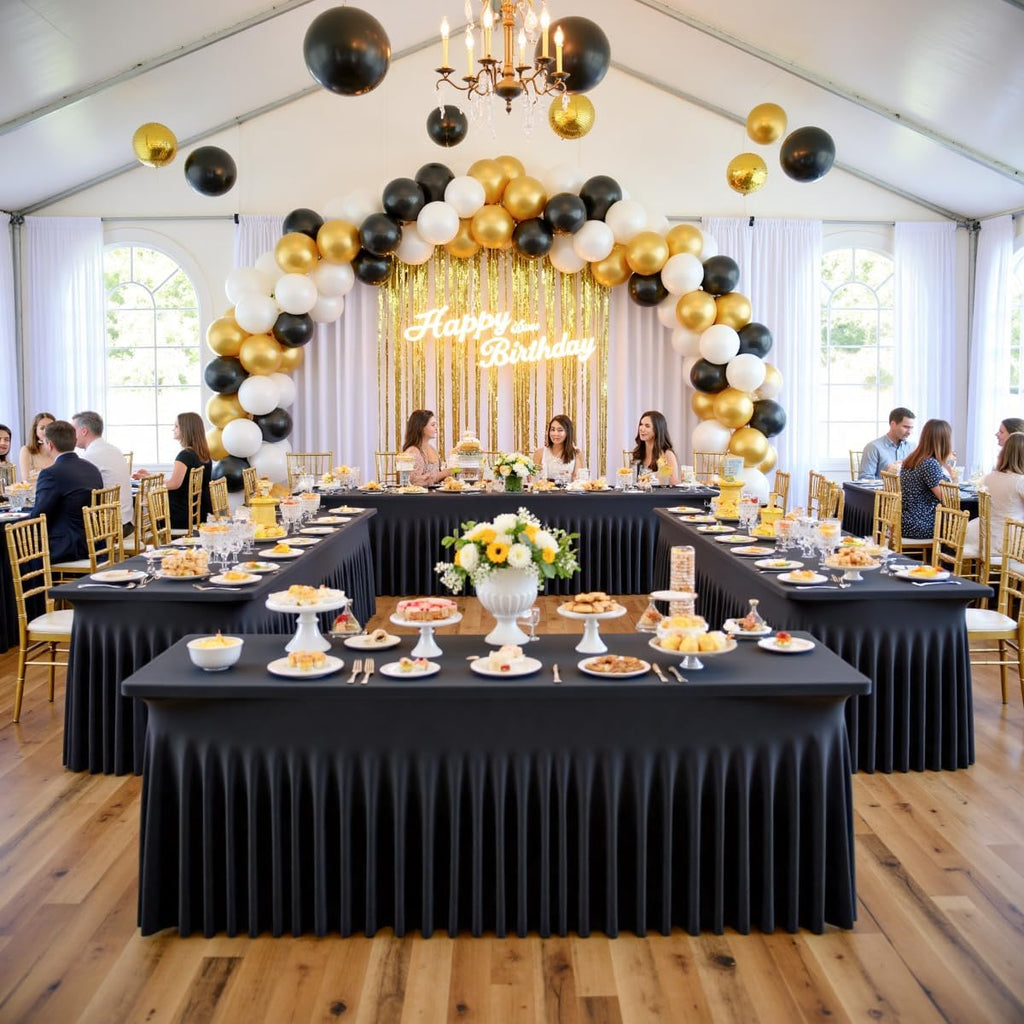 leegleri 6 Pack Black Spandex Tablecloths for 8 Foot Rectangle Tables, Wrinkle Free Fitted Table Cloths 8ft Stretchy Table Cloth Cover with Skirt for Parties Weddings Birthday Banquet Baby Shower