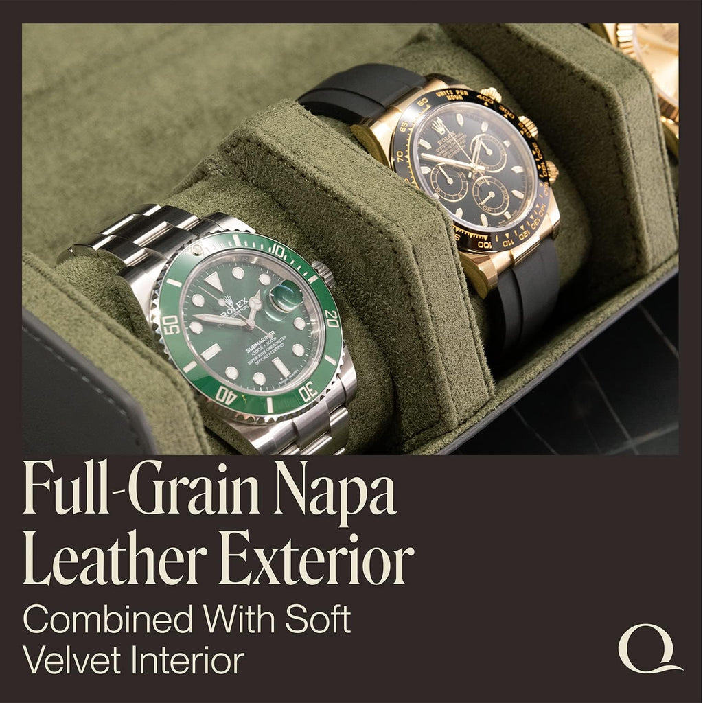 QWATCHBANDS Napa Leather Watch Rolls for Men - Hexagon Triple Watch Roll Travel Case for 3 Watches - Storage Organizer Genuine Leather with Velvet Interior Display (Gray/Green)