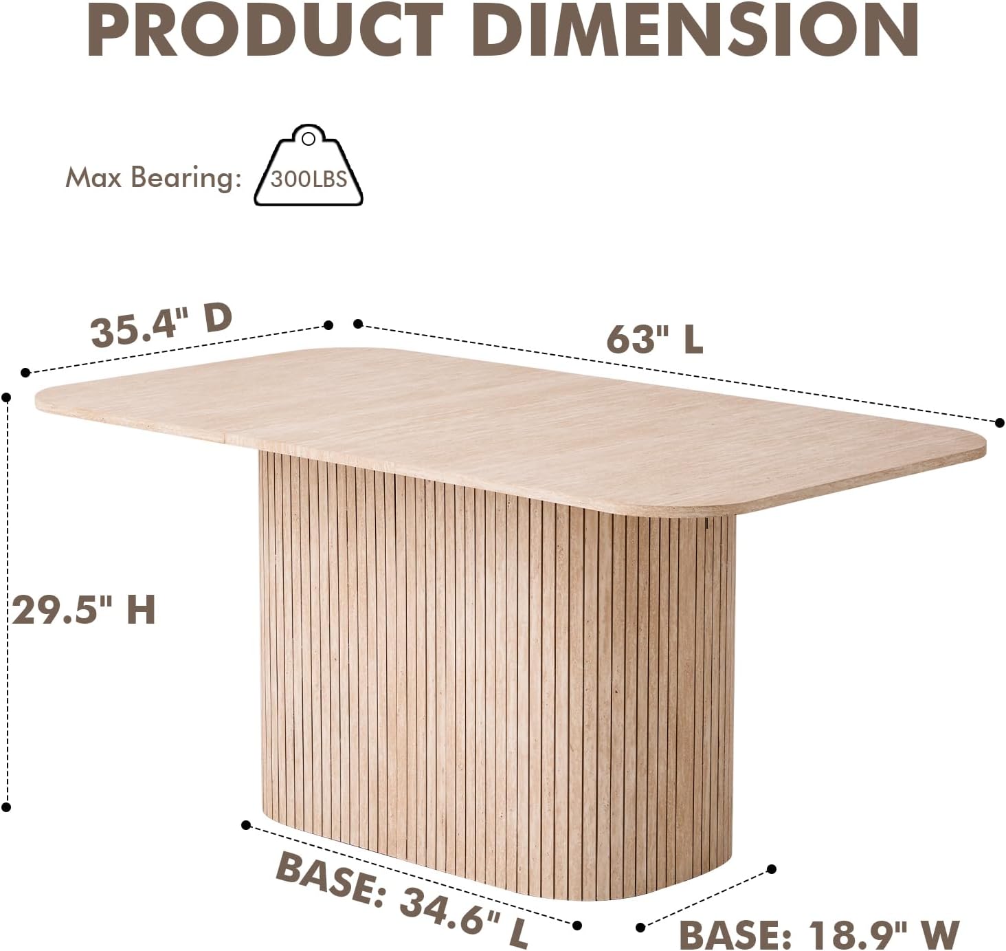 Large 63' Large Dining Table for 4 6, [Rounded Corners] [Grooved Pedestal Base] Modern Rectangle Kitchen Dinner Dining Living Room Table