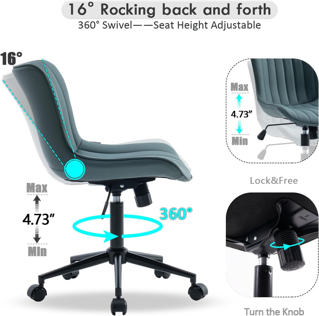 YOUNIKE Ergonomic Armless Office Chair Faux Leather Small Cute Desk Chair with 12° Rocking Back Adjustable Height Swivel Vanity Chair Compact Computer Rolling Task Chair for Small Spaces Greyish Green