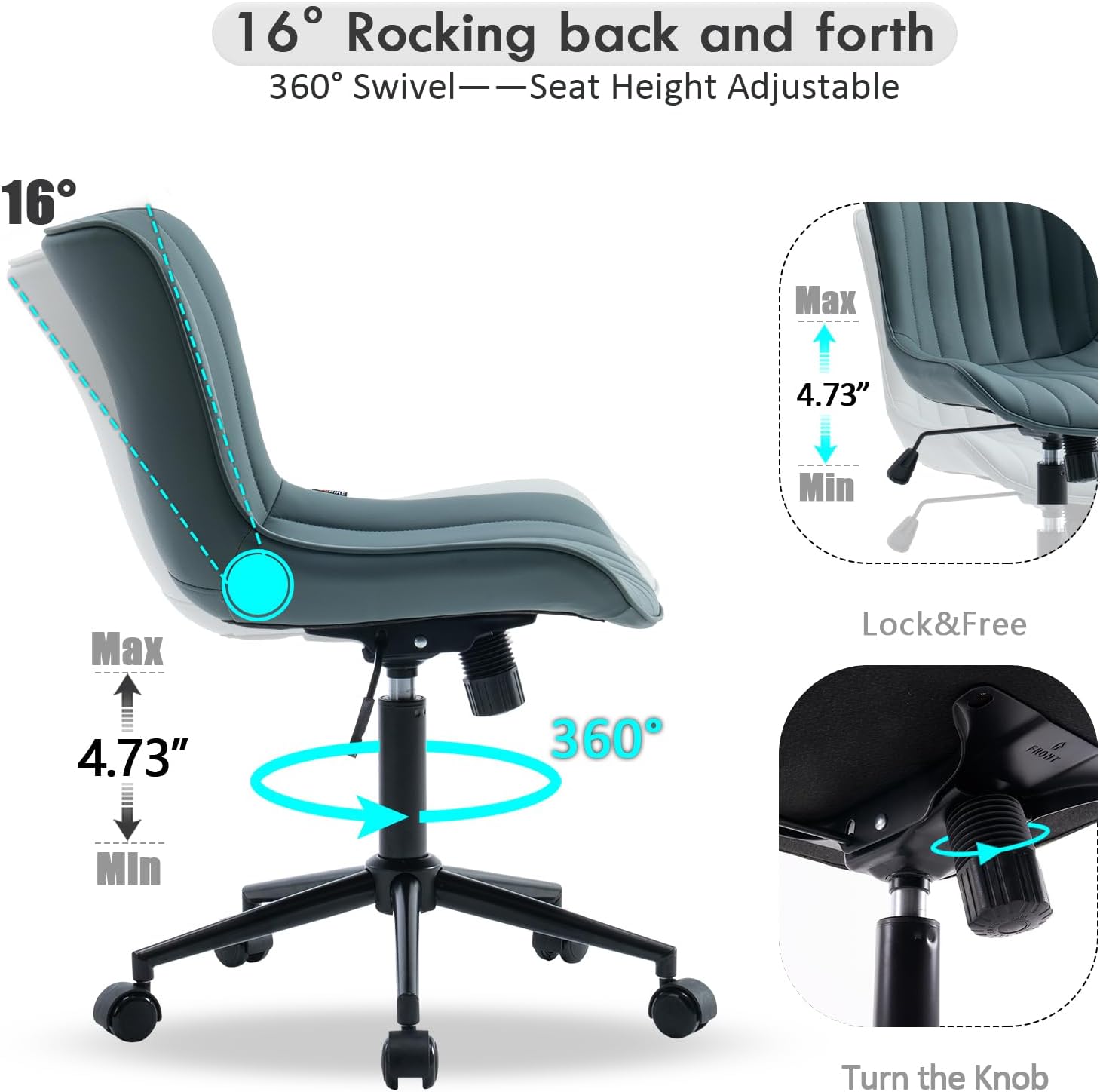 YOUNIKE Ergonomic Armless Office Chair Faux Leather Small Cute Desk Chair with 12° Rocking Back Adjustable Height Swivel Vanity Chair Compact Computer Rolling Task Chair for Small Spaces Greyish Green