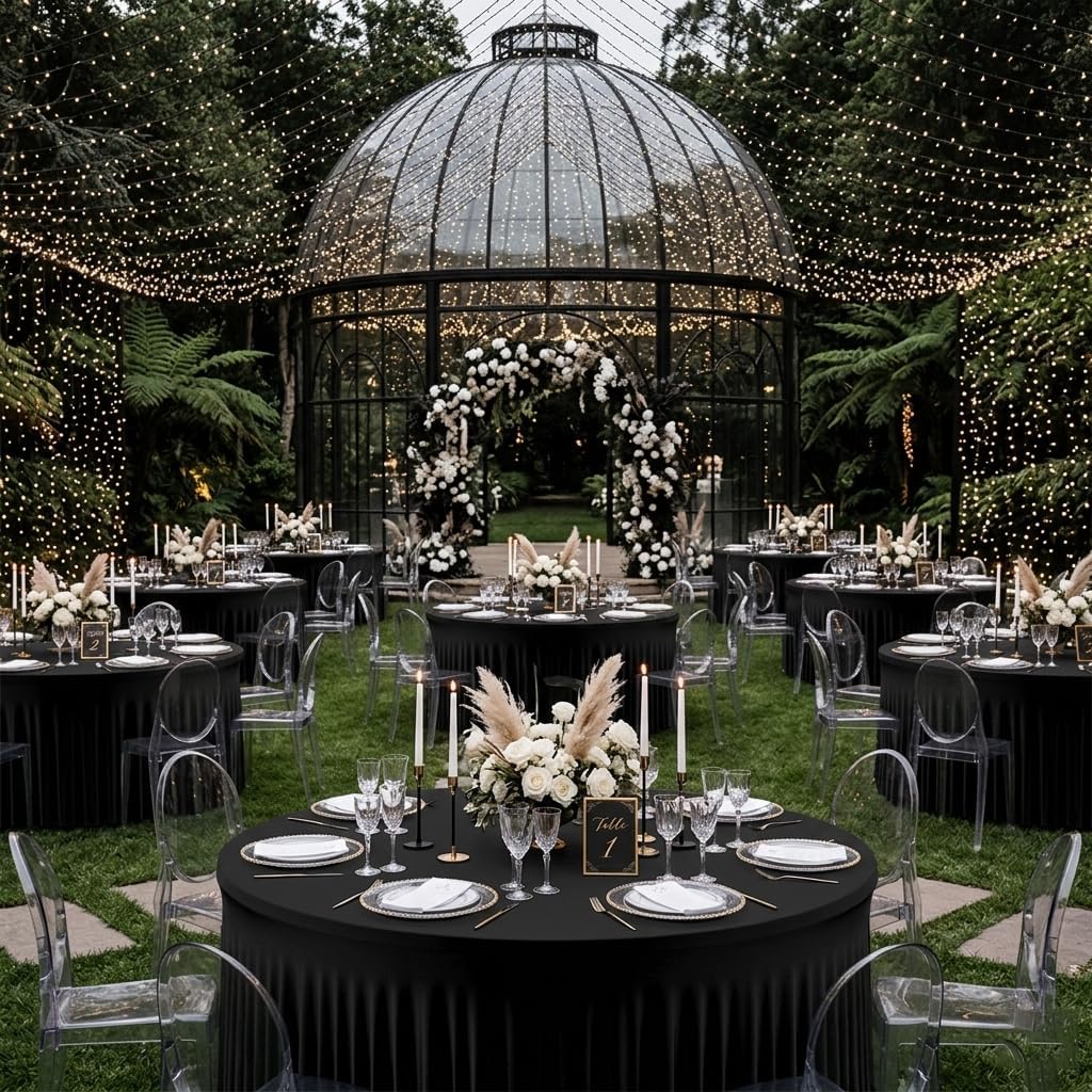 8 Pack Black Round Spandex Tablecloths for 60 inch Table, Wrinkle-Free Stretchy 5FT Fitted Round Table Covers with Skirt for Wedding Birthday Graduation Party Banquet Events