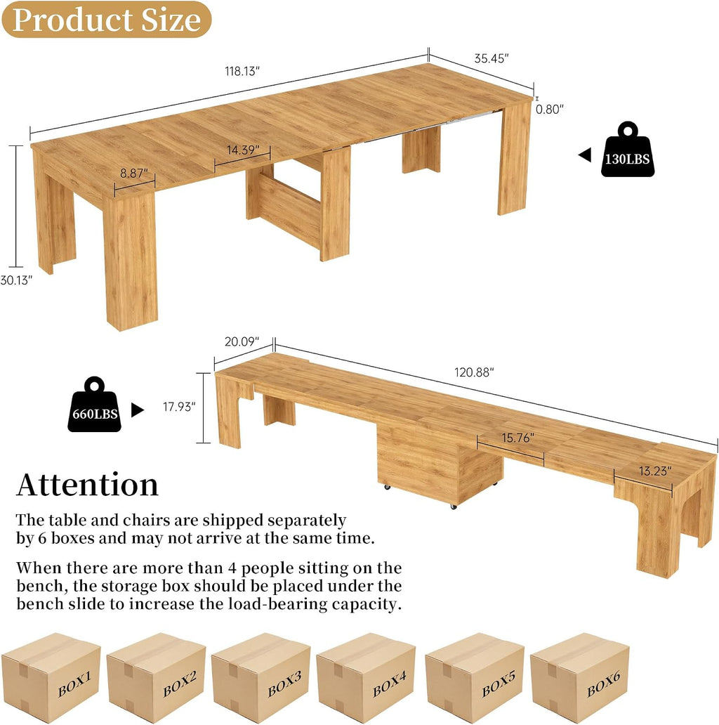 HIPIHOM 17.7'-118' Extendable Dining Table with 2 Benches, Extension Table Set with Extension Leaves Holder, Space-Saving Extra Long Dining Table Set for Meeting, Dining Room(Oak Table+2 Benches)