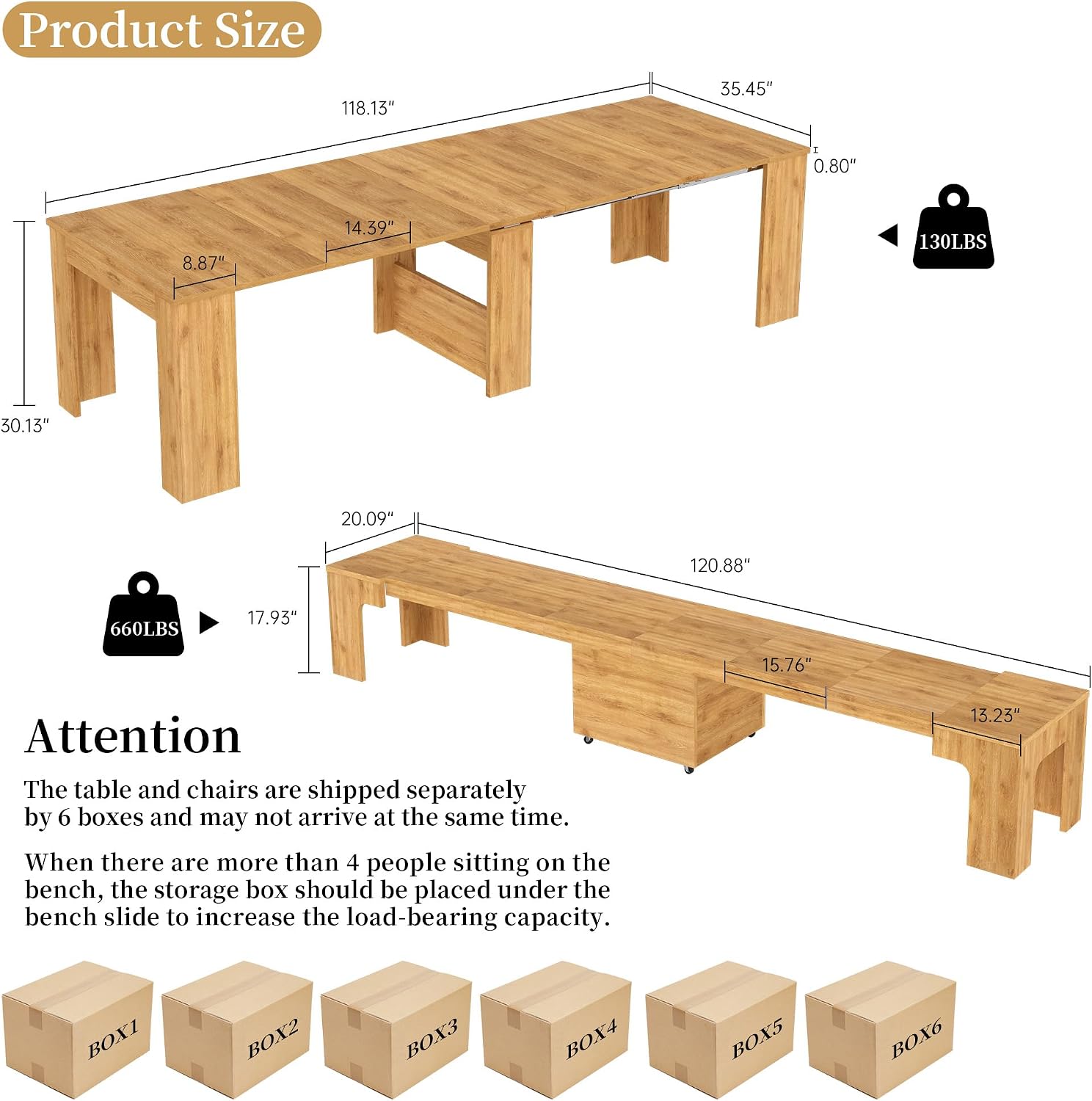 HIPIHOM 17.7'-118' Extendable Dining Table with 2 Benches, Extension Table Set with Extension Leaves Holder, Space-Saving Extra Long Dining Table Set for Meeting, Dining Room(Oak Table+2 Benches)
