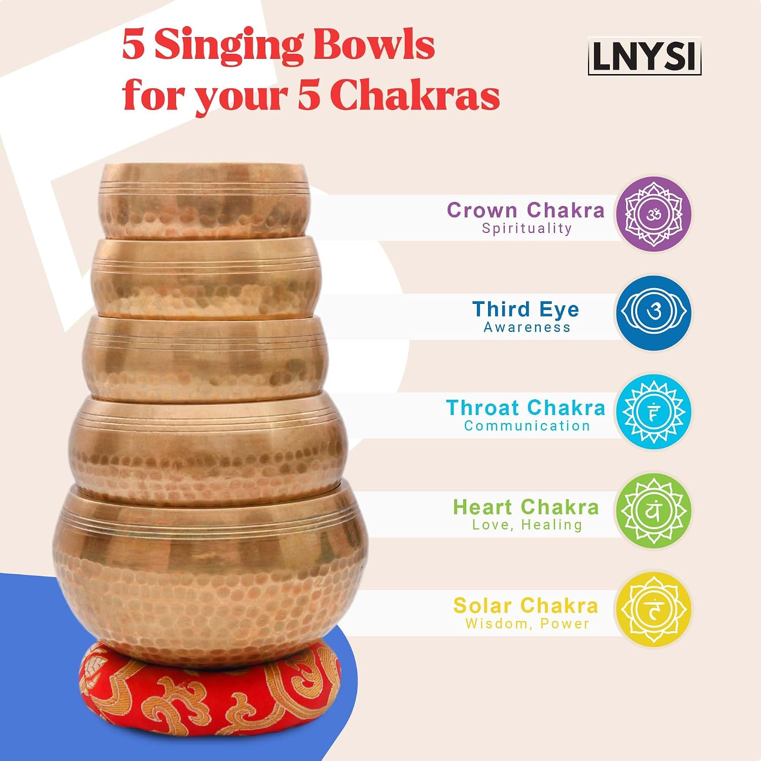 Tibetan Singing Bowl Set - Authentic Cuencos Tibetanos for Sound Healing, Meditation & Chakra Balancing - Includes Cushion, Mallet-Unique Spiritual Gifts for Women and Men (5 Chakra Set)