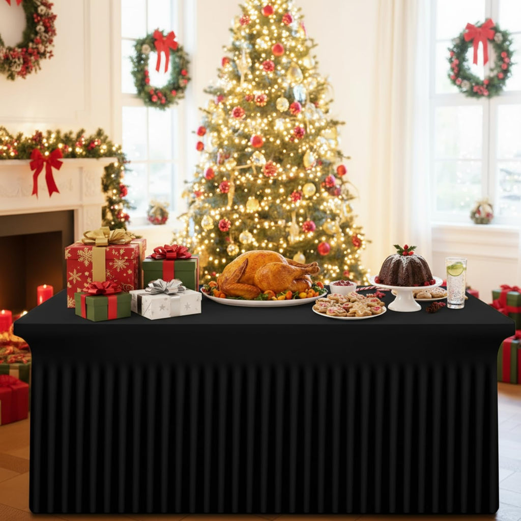 Smiry Spandex Tablecloth 6 Pack, Elastic Fitted Stretch Tablecloth for 8FT Rectangle Tables, Waterproof Washable Table Cover Skirt for Wedding, Banquet & Parties (Black, 96Lx30Wx30H Inch)