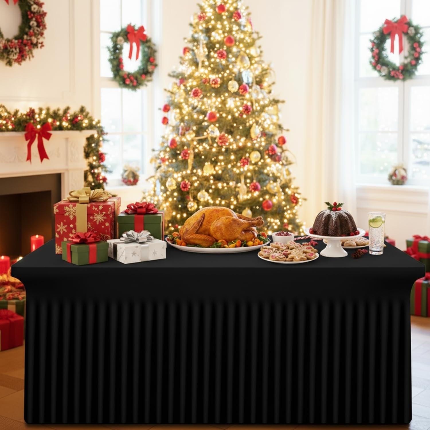 Smiry Spandex Tablecloth 6 Pack, Elastic Fitted Stretch Tablecloth for 8FT Rectangle Tables, Waterproof Washable Table Cover Skirt for Wedding, Banquet & Parties (Black, 96Lx30Wx30H Inch)