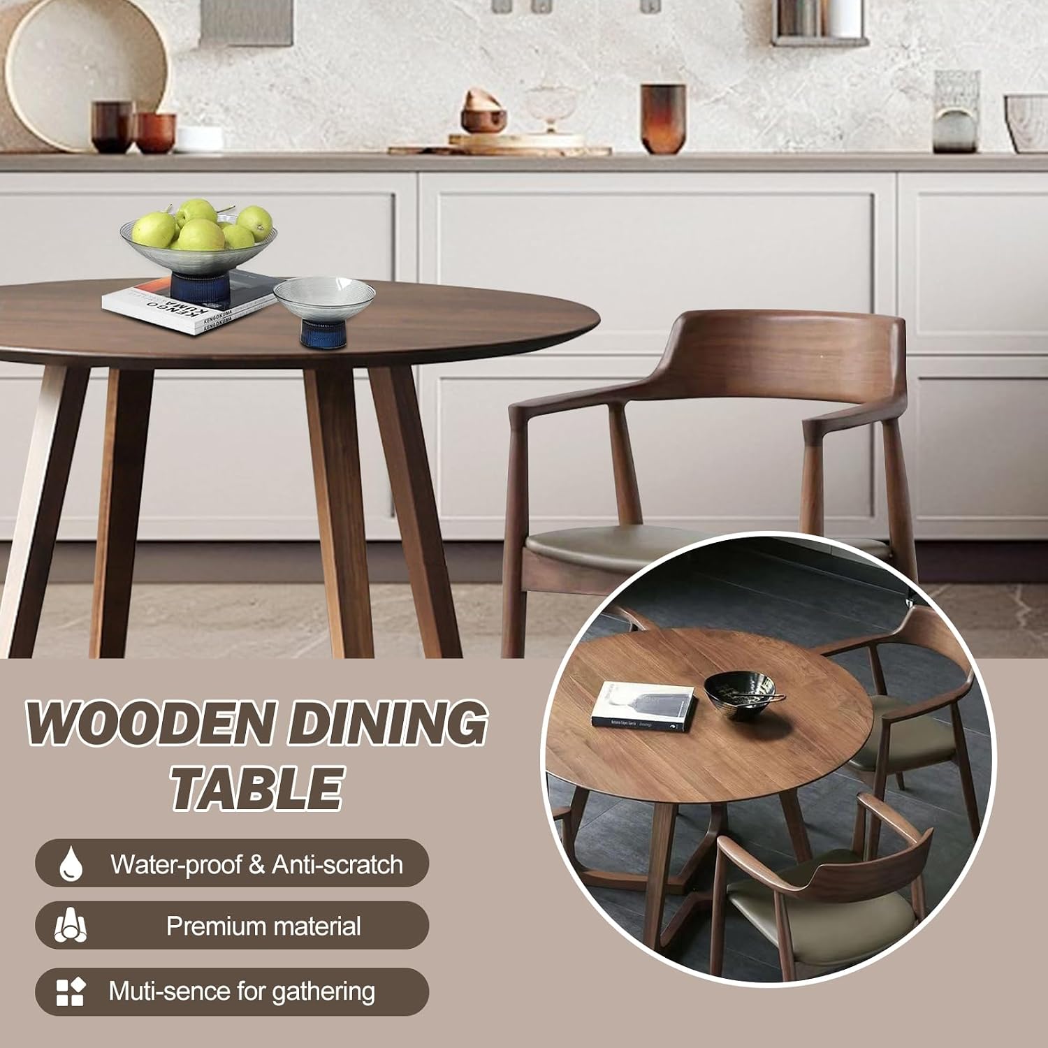 Walnut Round Dining Table for 4, 35.4' Small Wood Round Kitchen Table with Solid Wood Legs, Mid Century Modern Dining Room Tables for Home, Restaurant,Circle Coffee Table for Small Space