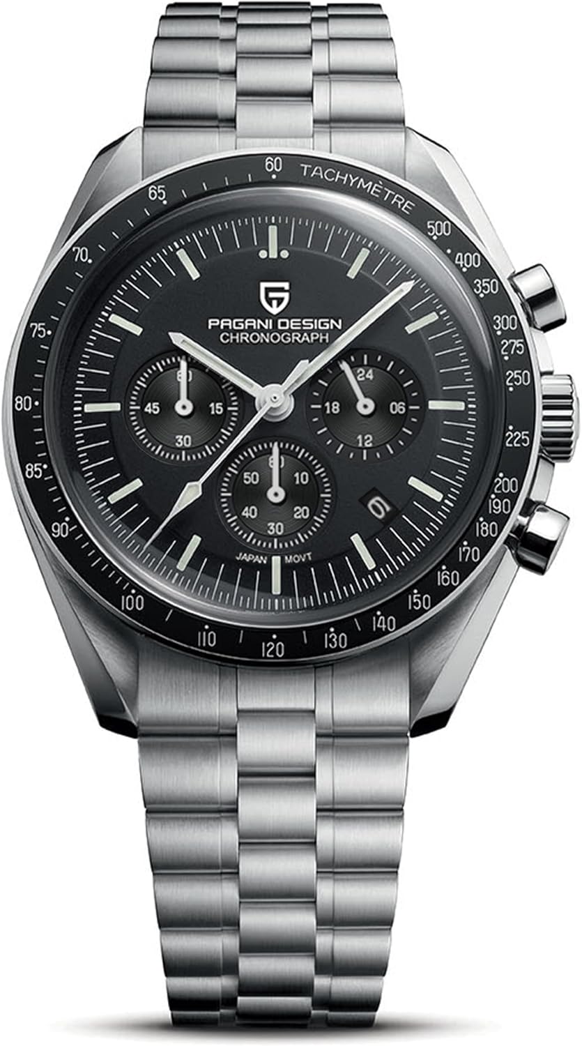 Pagani Design 1701 Men's Watch, Chronograph, VK63 Japanese Quartz Movement, Stainless Steel Bracelet, Water Resistant to 330 Feet (100 Meters), Sapphire Glass Wristwatch.