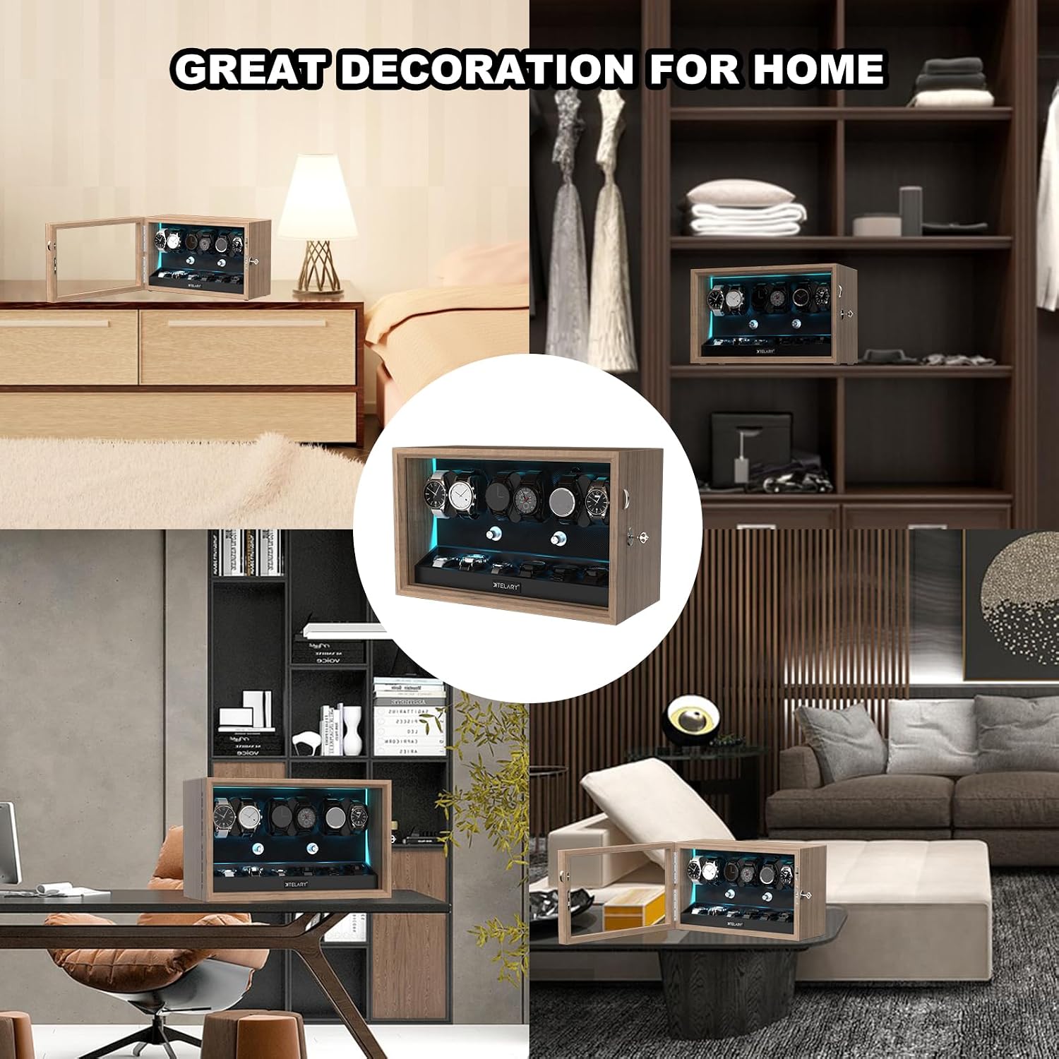 XTELARY Lockable Automatic Watch Winder - 4/6/8/12 Watch Storage, 4 Rotation Modes, Quiet Motor, Backlight