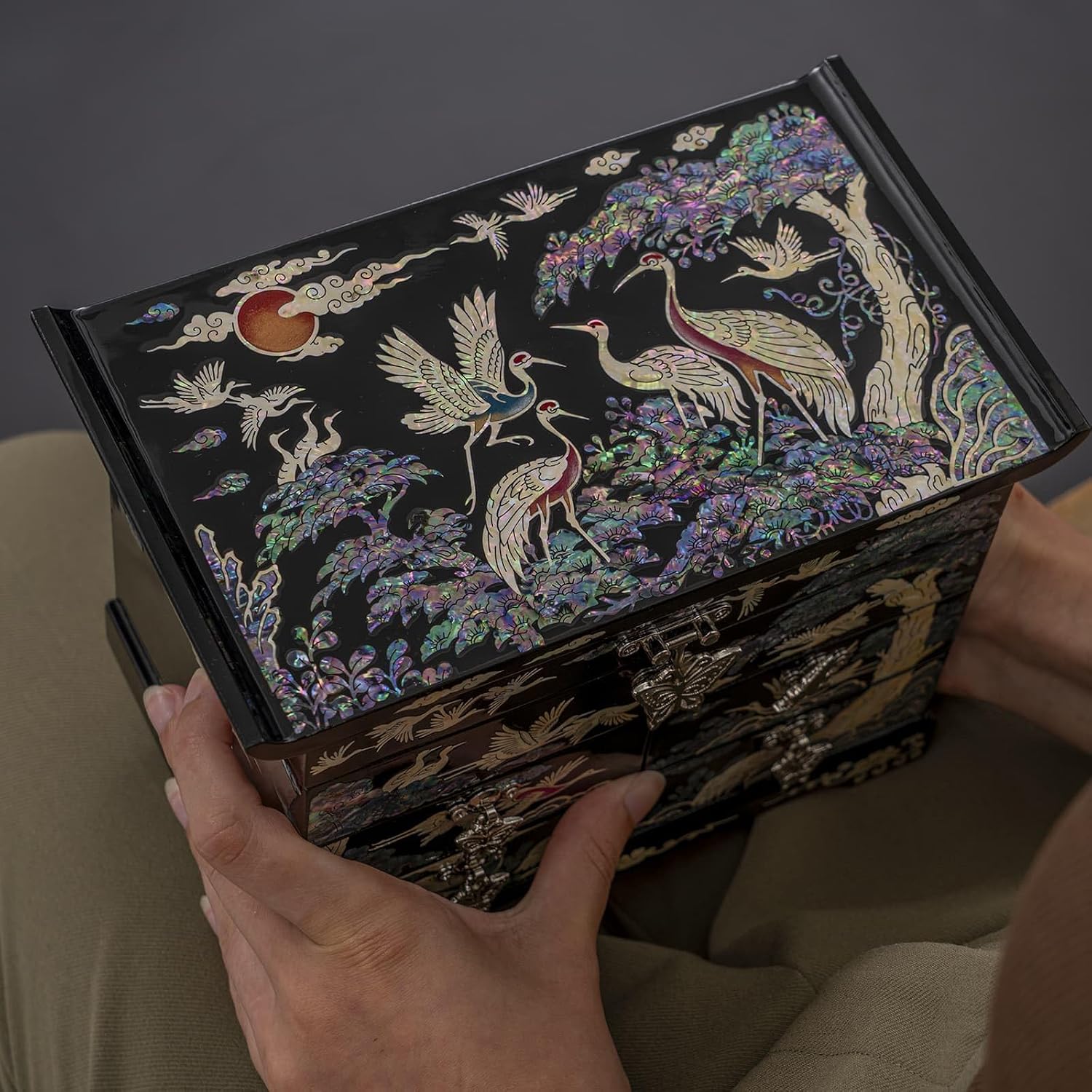 February Mountain Mother of Pearl Wooden Jewelry Organizer Box – Jewelry Storage Box for Women, Features Spacious Drawers, Ideal for Rings, Bracelets, Watches, Chains, Accessories (Colorful Crane)