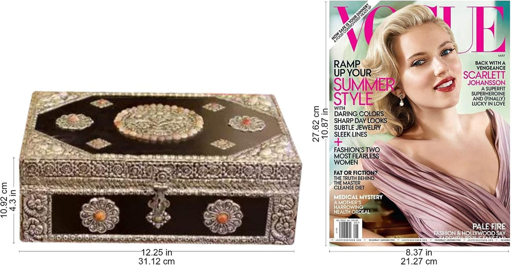 NOVICA Nickel Repousse Mango Wood Jewelry Box with Glass Accents, 'Antique Sophistication'