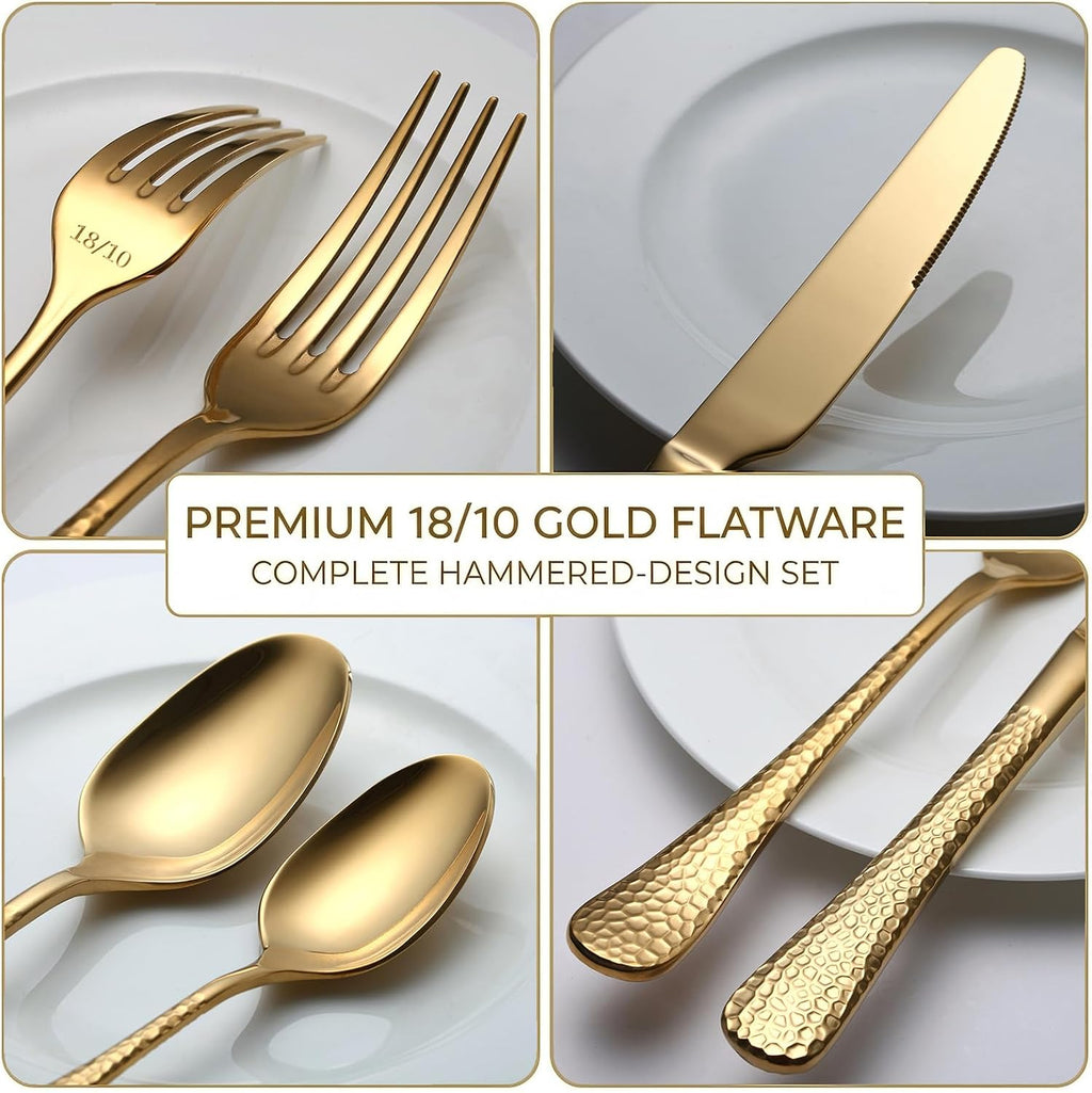 45-Piece Hammered Gold Flatware Set for 8,Premium 18/10 Stainless Steel Silverware Set with 5-Piece Serving Set,Modern Elegant Cutlery Set for Kitchen,Wedding,or Hosting,Dishwasher Safe