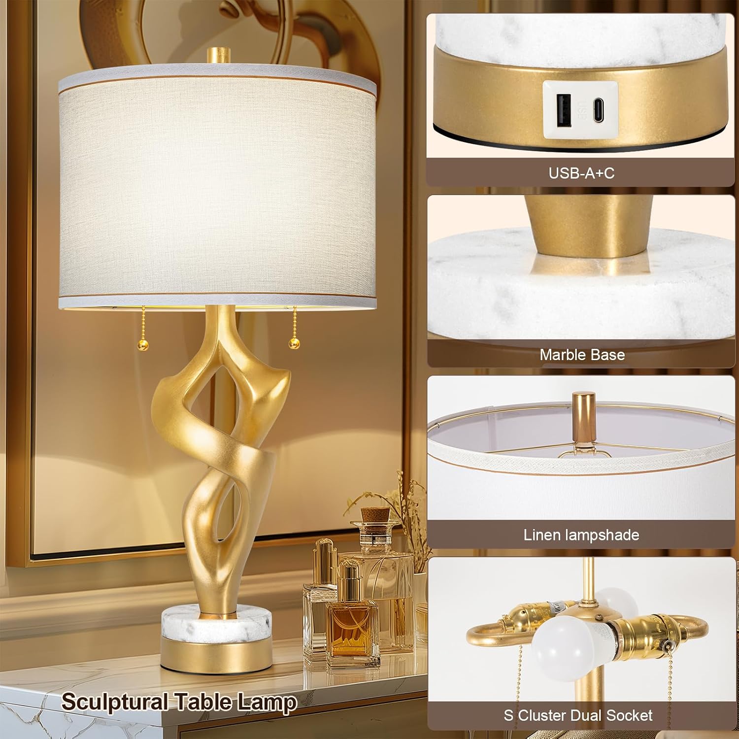 Scenekoy Sculptural Table lamp Set of 2 for Living Room with Marble Base & USB Ports, Gold Leaf Finish Rustic Bedside Lamps with S Cluster Pull Chains Switch, Nightstand Lamp for Office Hotel Bar