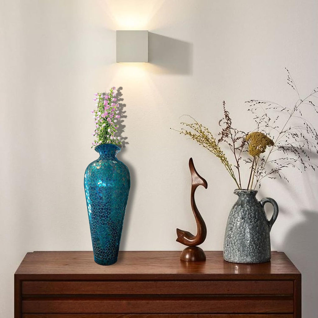 20' Tall Mosaic Floor Vase, Handmade Turquoise Metal Vase with Moorish Floral Glass Inlay, Decorative Accent for Living Room, Bedroom, Entryway & Table Centerpiece